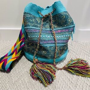 Very High Quality Turquoise Crochet Embellished Crossbody Bucket Bag
